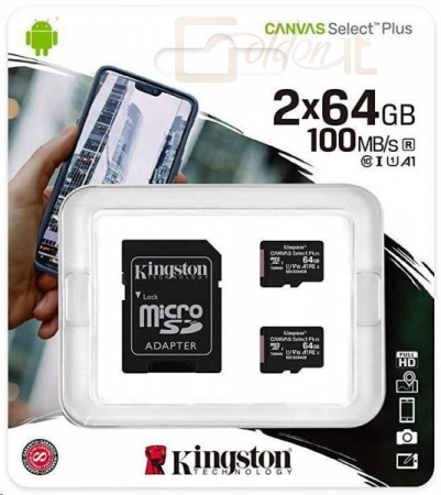 USB Ram Drive Kingston 64GB microSDXC Canvas Select Plus Class 10 U1 V10 A1 + adapterrel 2db/csomag - SDCS2/64GB-2P1A