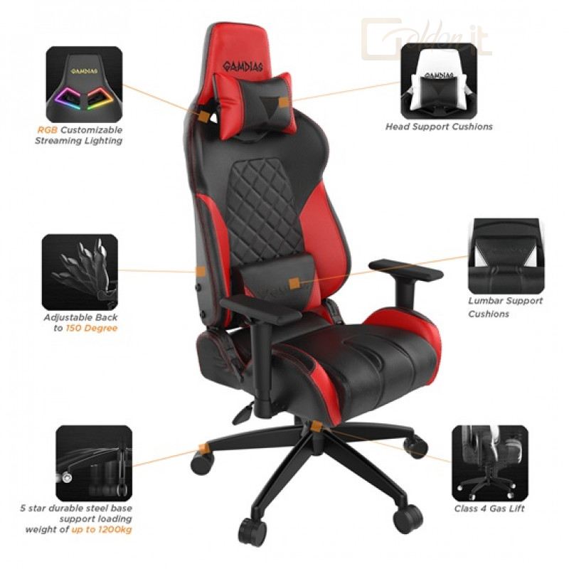Gamer szék Gamdias Achilles E1-L Gaming chair Black/Red - 16111-00007-01100-G