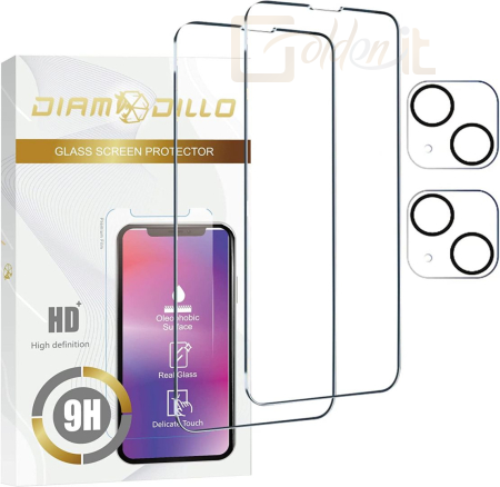 Okostelefon kiegészítő Diamodillo iPhone 14 Pro Max 9H Surface Hardness Oil Resistant WaterProof Glossy (2db kijelző és kamera lencse védő) - 14PRMXCLR