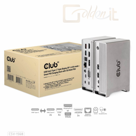 Notebook kiegészitők Club3D USB Gen2 Type-C Triple Display DP 1.4 Alt mode Smart PD Charging Dock with 120 Watt PSU - CSV-1568