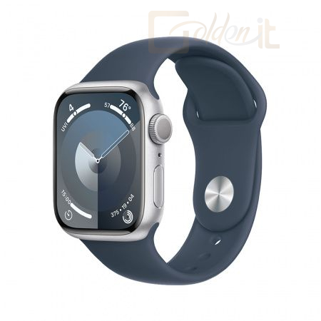 Okosóra Apple Watch S9 GPS 45mm Silver Alu Case with Storm Blue Sport Band M/L - MR9E3