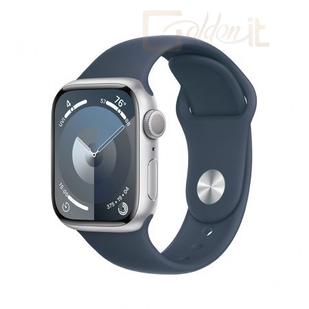 Okosóra Apple Watch S9 GPS 45mm Silver Alu Case with Storm Blue Sport Band S/M - MR9D3