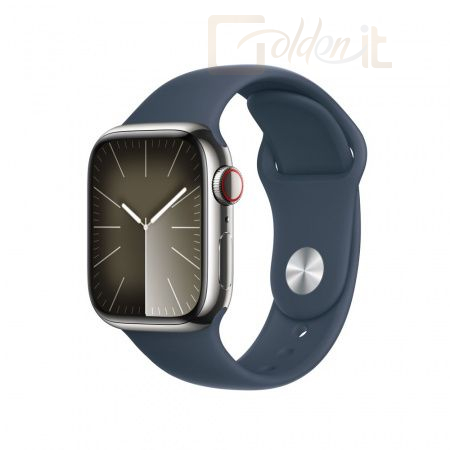 Okosóra Apple Watch S9 Cellular 41mm Silver Stainless Steel Case with Storm Blue Sport Band M/L - MRJ33