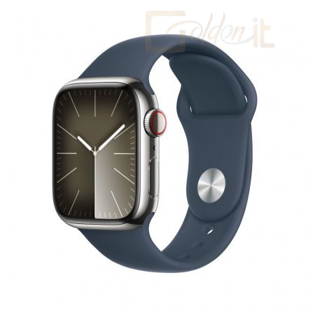 Okosóra Apple Watch S9 Cellular 45mm Silver Stainless Steel Case with Storm Blue Sport Band S/M - MRMN3