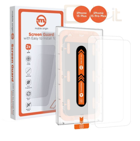 Okostelefon kiegészítő Mobile Origin Orange Screen Guard iPhone 15 Pro Max/15 Plus with easy applicator, 2 pack - SGA-I15PROMAX-2PK