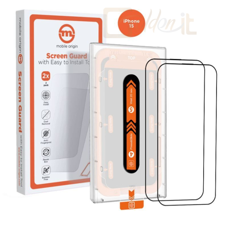 Okostelefon kiegészítő Mobile Origin Orange Screen Guard iPhone 15 with easy applicator, 2 pack - SGA-F-I15-2PK