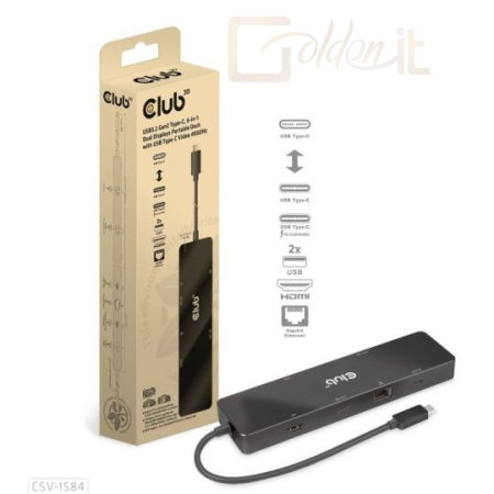 Notebook kiegészitők Club3D USB3.2 Gen2 Type-C 6-in-1 Dual Displays Portable Dock with USB Type-C Video 4K60Hz - CSV-1584