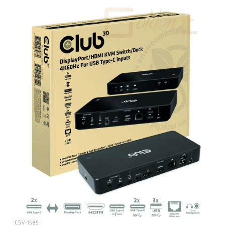 Notebook kiegészitők Club3D CSV-1585 DisplayPort/HDMI KVM Switch/Dock 4K60Hz For USB Type-C inputs Black - CSV-1585