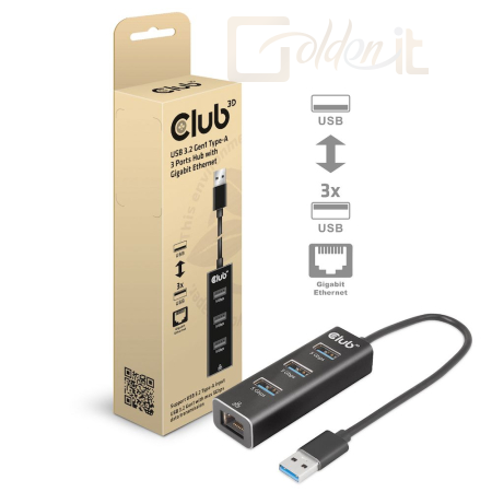 Hálózati eszközök Club3D USB 3.2 Gen1 Type-A 3 Ports Hub with Gigabit Ethernet Black - CSV-1430A