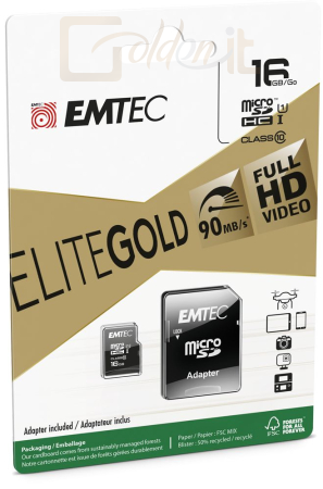 USB Ram Drive Emtec 16GB microSDHC Elite Gold Class 10 UHS-I U1 + adapterrel - ECMSD16GHC10GP