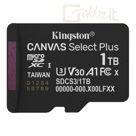 USB Ram Drive Kingston 1TB microSDXC Canvas Select Plus Gen3 Class 10 UHS-1 A1 V10 - SDCS3/1TBSP