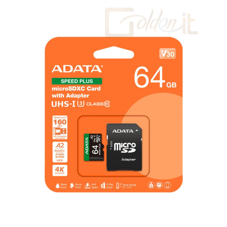 USB Ram Drive A-Data 64GB microSDXC Speed Plus Class 10 UHS-I U3 V30 + adapterrel - UD64GUI3V30A2SP-RA1