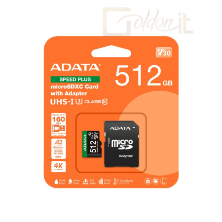 USB Ram Drive A-Data 512GB microSDXC Speed Plus Class 10 UHS-I U3 V30 + adapterrel - UD512GUI3V30A2SP-RA1