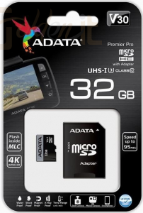 USB Ram Drive A-Data 32GB microSDHC Premier Pro UHS-I U3 Class 10 (V30S) + adapterrel - AUSDH32GUI3V30SA1-RA1